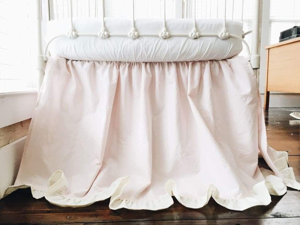 Baby Pink and Ivory Ruffled Crib Skirt for Girls handmade heirloom nursery - High Cotton Textile