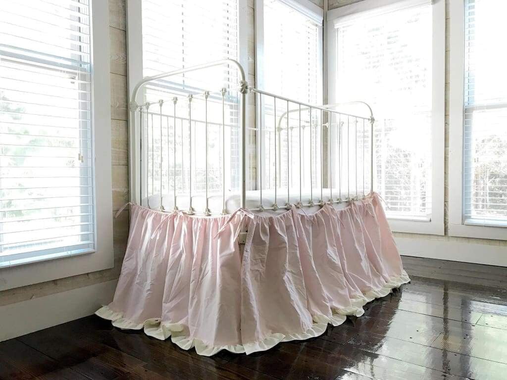 Baby Pink and Ivory Tie - On Adjustable Crib Skirt Separates handmade heirloom nursery - High Cotton Textile