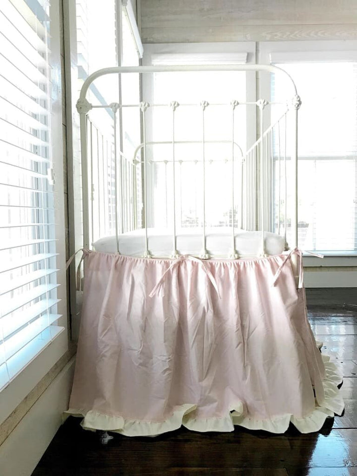 Baby Pink and Ivory Tie - On Adjustable Crib Skirt Separates handmade heirloom nursery - High Cotton Textile