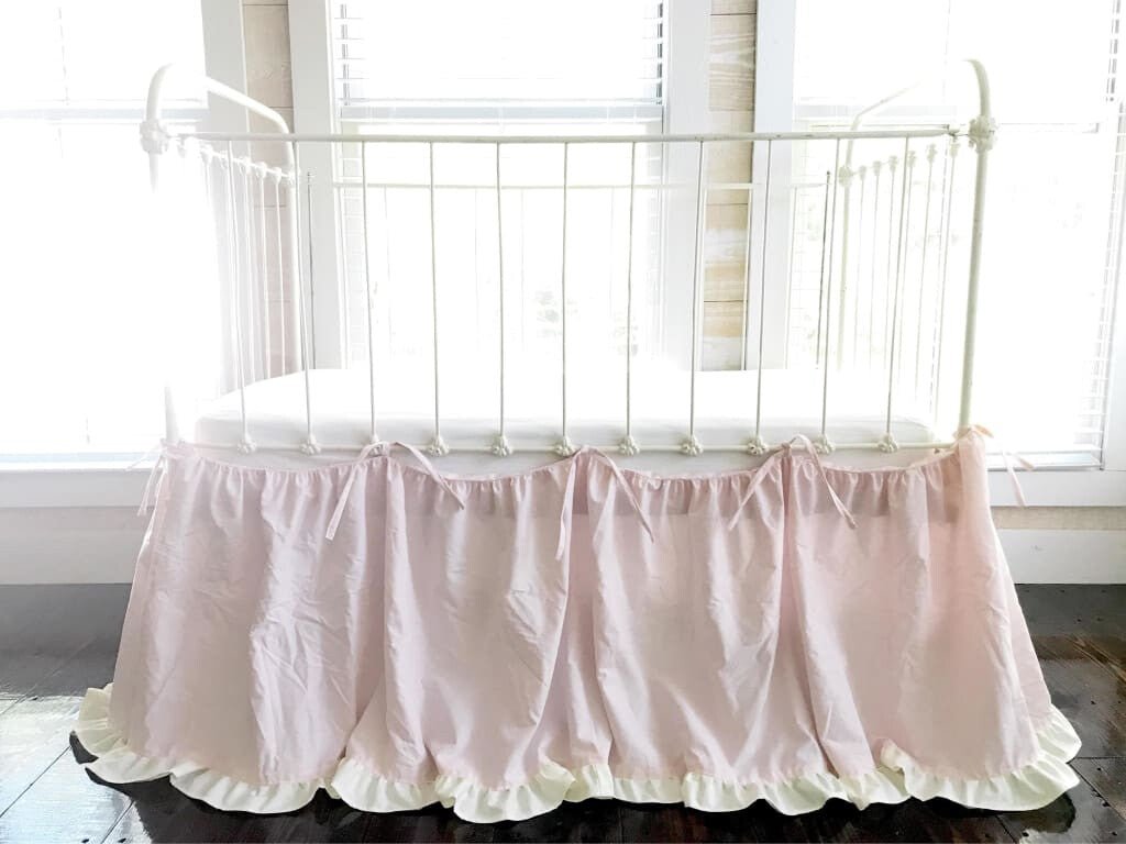 Baby Pink and Ivory Tie - On Adjustable Crib Skirt Separates handmade heirloom nursery - High Cotton Textile