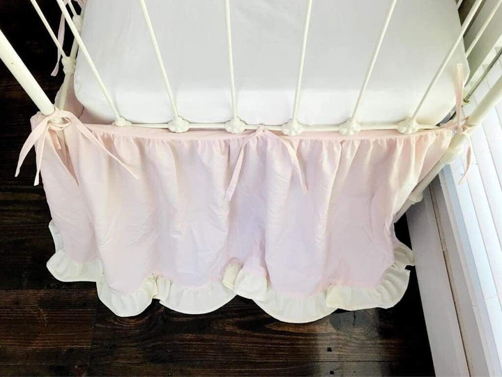Baby Pink and Ivory Tie - On Adjustable Crib Skirt Separates handmade heirloom nursery - High Cotton Textile
