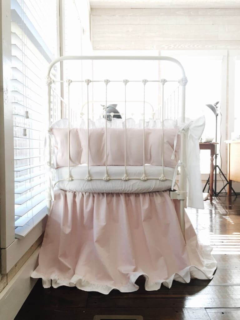 Baby Pink and White Ruffled Crib Bedding Set and Large Crib Bows - High Cotton Textile 