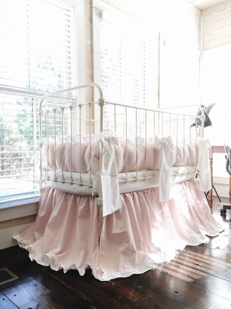 Baby Pink and White Ruffled Crib Bedding Set and Large Crib Bows - High Cotton Textile 