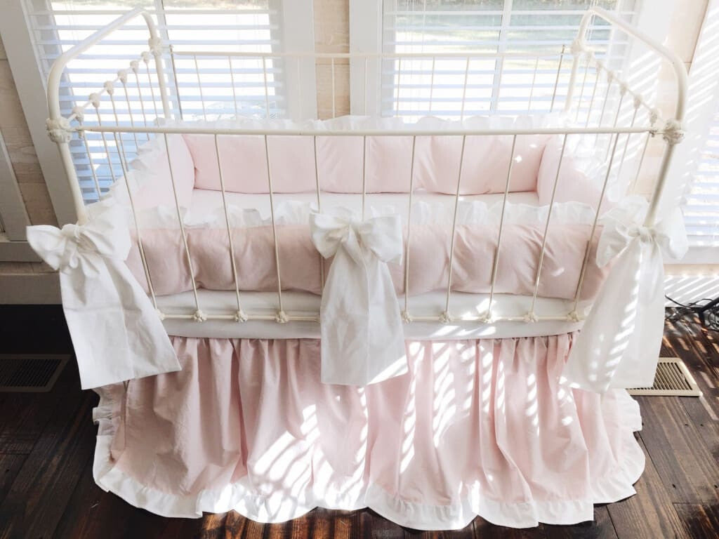 Baby Pink and White Ruffled Crib Bedding Set and Large Crib Bows - High Cotton Textile 