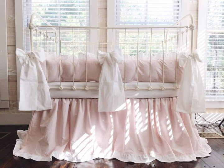 Baby Pink and White Ruffled Crib Bedding Set and Large Crib Bows - High Cotton Textile 