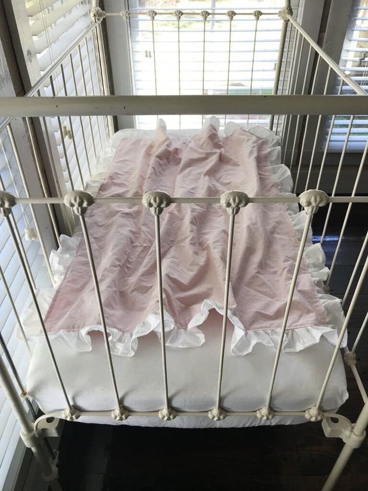 Baby Pink and White Ruffled Crib Blanket handmade heirloom nursery - High Cotton Textile