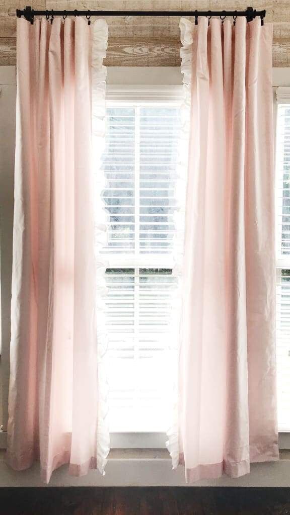 Baby pink and white ruffled nursery curtain panels in washed cotton