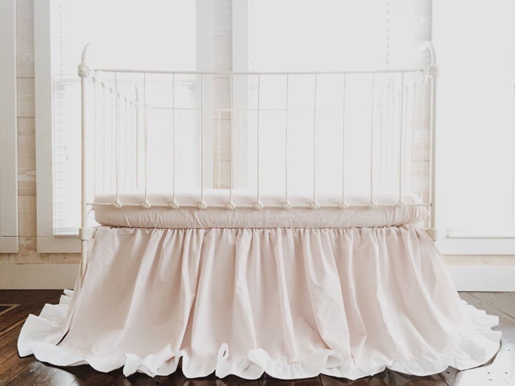 Baby Pink and White Ruffled Nursery Bedding Set for Girls handmade heirloom nursery - High Cotton Textile