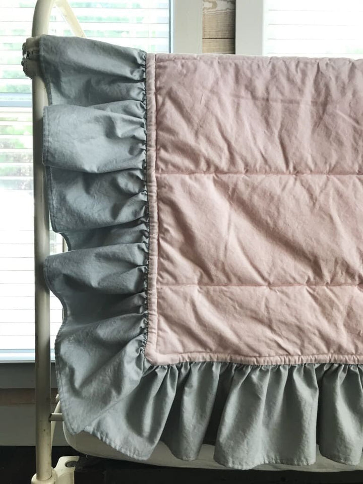 Baby Pink and Zen Grey Ruffled Baby Crib Quilt handmade heirloom nursery - High Cotton Textile