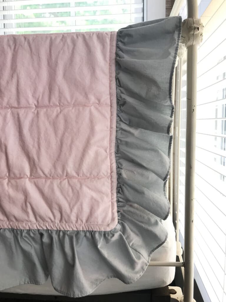 Baby Pink and Zen Grey Ruffled Baby Crib Quilt handmade heirloom nursery - High Cotton Textile