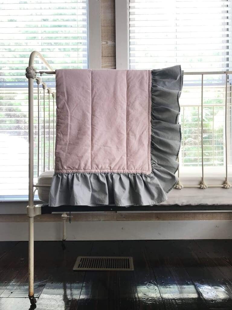 Baby Pink and Zen Grey Ruffled Baby Crib Quilt handmade heirloom nursery - High Cotton Textile