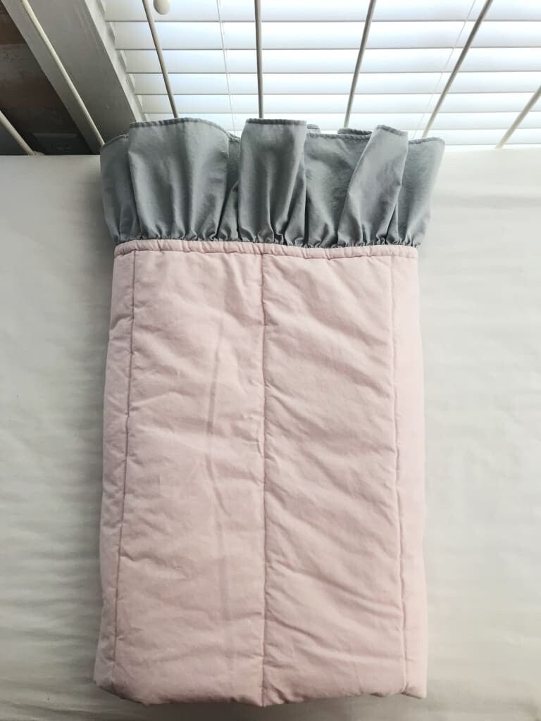 Baby Pink and Zen Grey Ruffled Baby Crib Quilt handmade heirloom nursery - High Cotton Textile