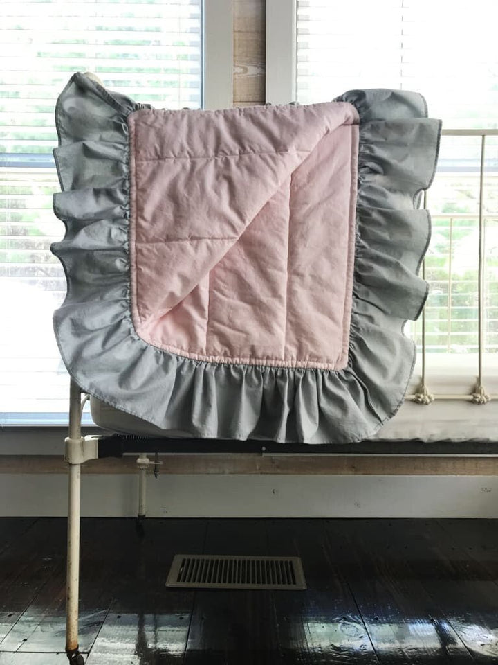 Baby Pink and Zen Grey Ruffled Baby Crib Quilt handmade heirloom nursery - High Cotton Textile
