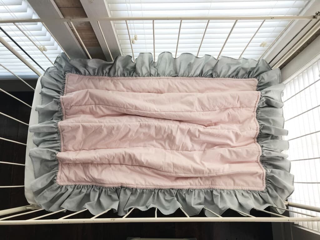 Baby Pink and Zen Grey Ruffled Baby Crib Quilt handmade heirloom nursery - High Cotton Textile