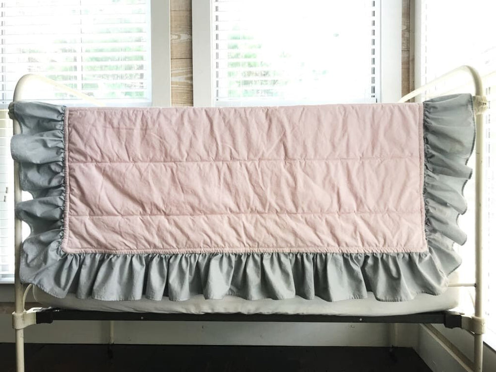 Baby Pink and Zen Grey Ruffled Baby Crib Quilt handmade heirloom nursery - High Cotton Textile
