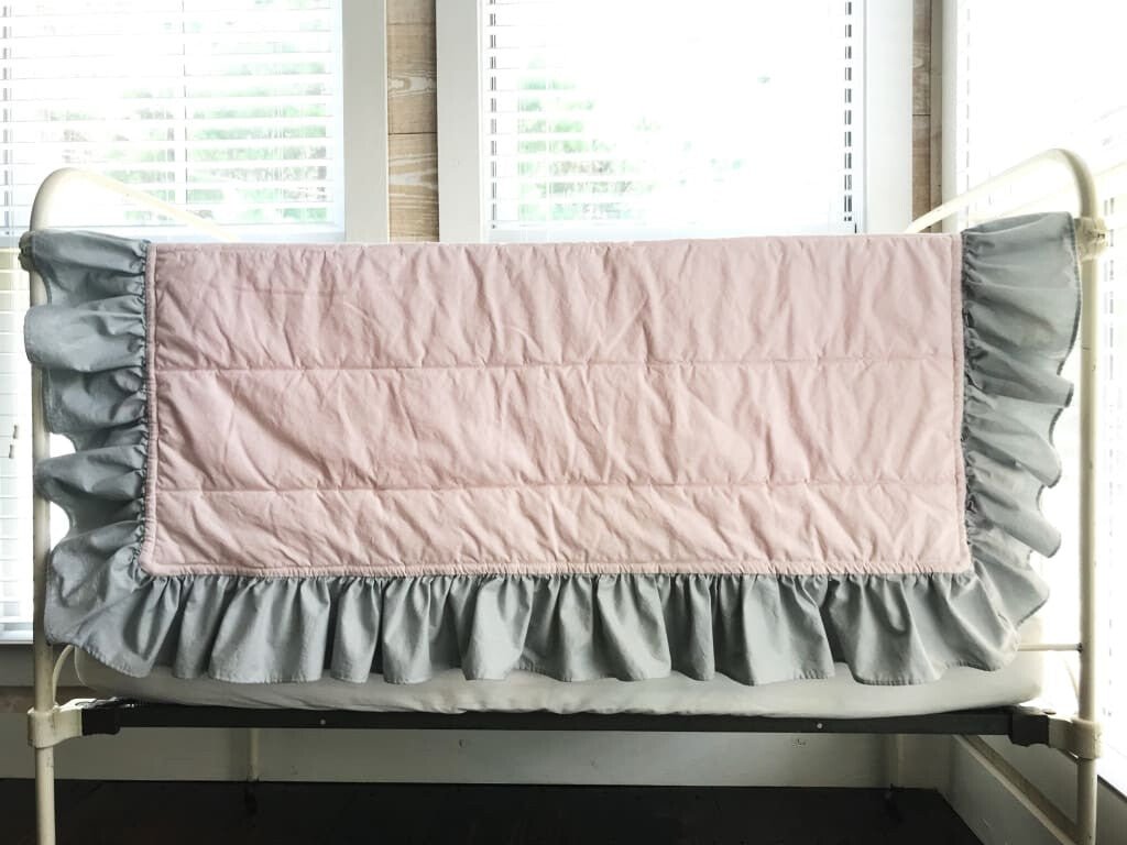 Baby Pink and Zen Grey Ruffled Baby Crib Quilt handmade heirloom nursery - High Cotton Textile