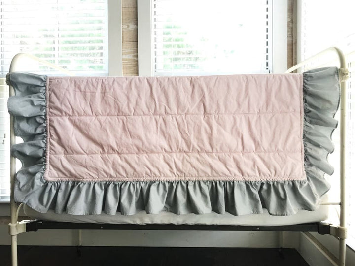 Baby Pink and Zen Grey Ruffled Baby Crib Quilt handmade heirloom nursery - High Cotton Textile
