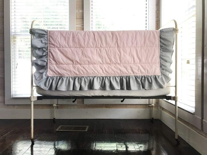 Baby Pink and Zen Grey Ruffled Baby Crib Quilt handmade heirloom nursery - High Cotton Textile