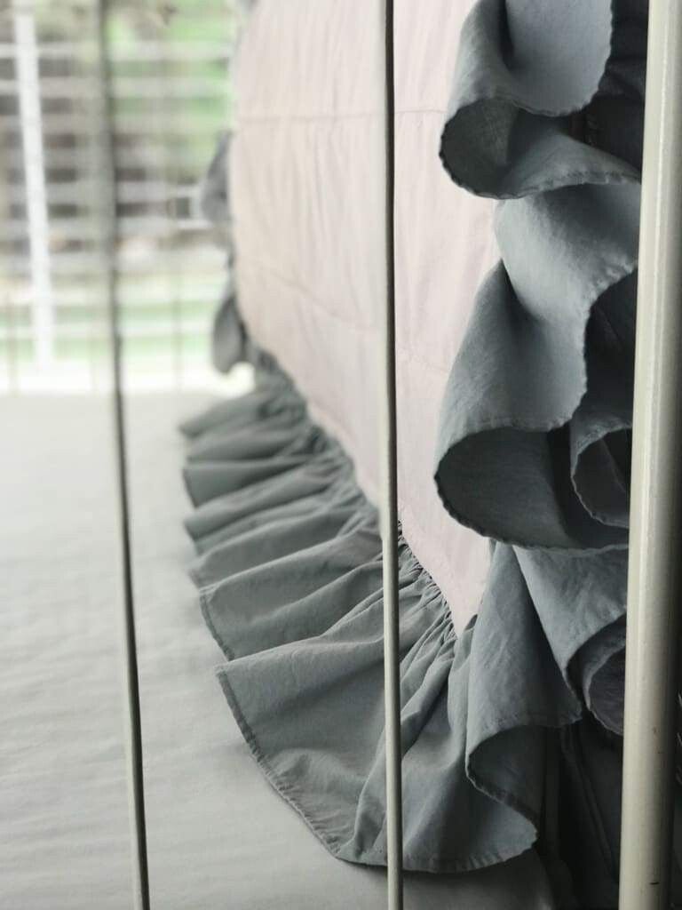 Baby Pink and Zen Grey Ruffled Baby Crib Quilt handmade heirloom nursery - High Cotton Textile