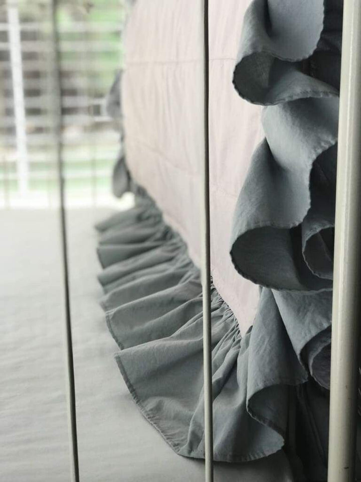 Baby Pink and Zen Grey Ruffled Baby Crib Quilt handmade heirloom nursery - High Cotton Textile