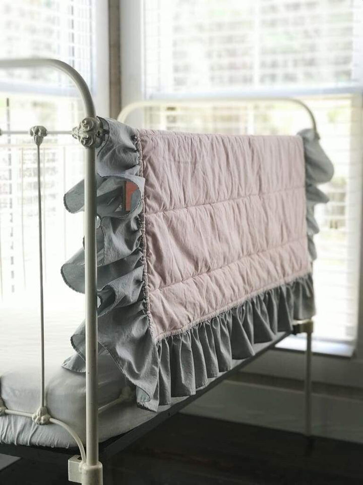Baby Pink and Zen Grey Ruffled Baby Crib Quilt handmade heirloom nursery - High Cotton Textile