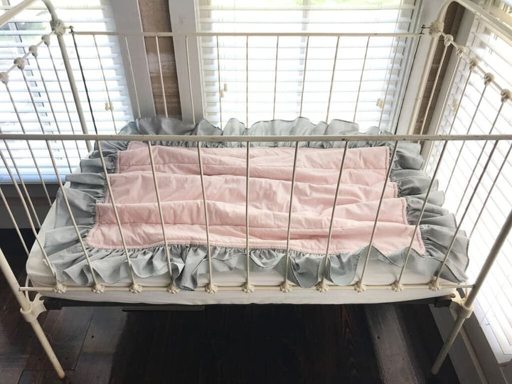 Baby Pink and Zen Grey Ruffled Baby Crib Quilt handmade heirloom nursery - High Cotton Textile