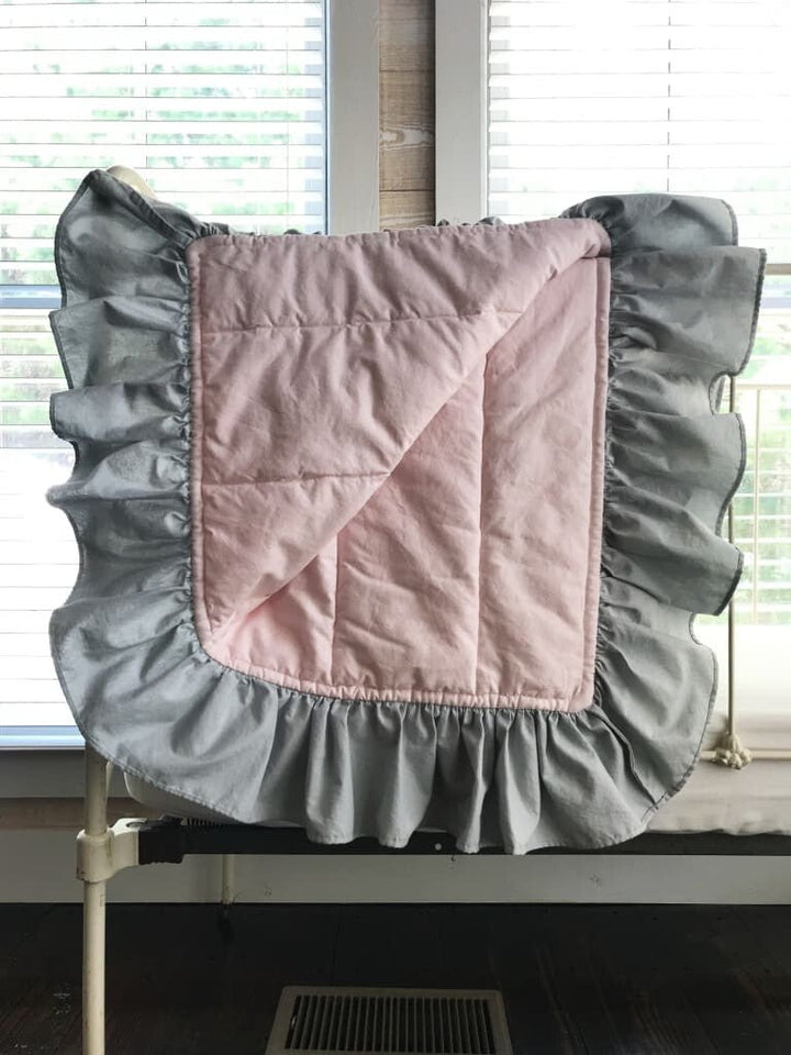 Baby Pink and Zen Grey Ruffled Baby Crib Quilt handmade heirloom nursery - High Cotton Textile