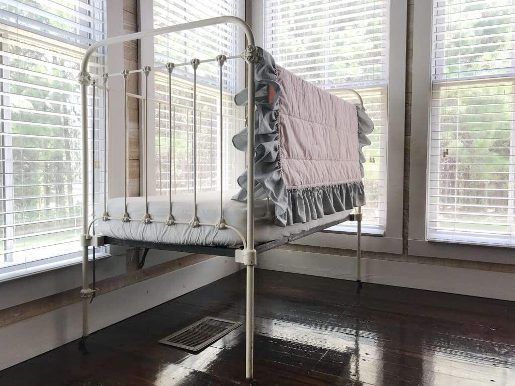 Baby Pink and Zen Grey Ruffled Baby Crib Quilt handmade heirloom nursery - High Cotton Textile