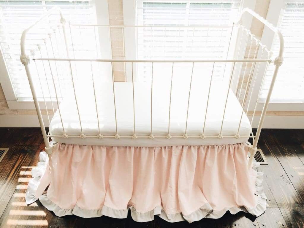 Baby Pink and Zen Grey Ruffled Crib Skirt handmade heirloom nursery - High Cotton Textile