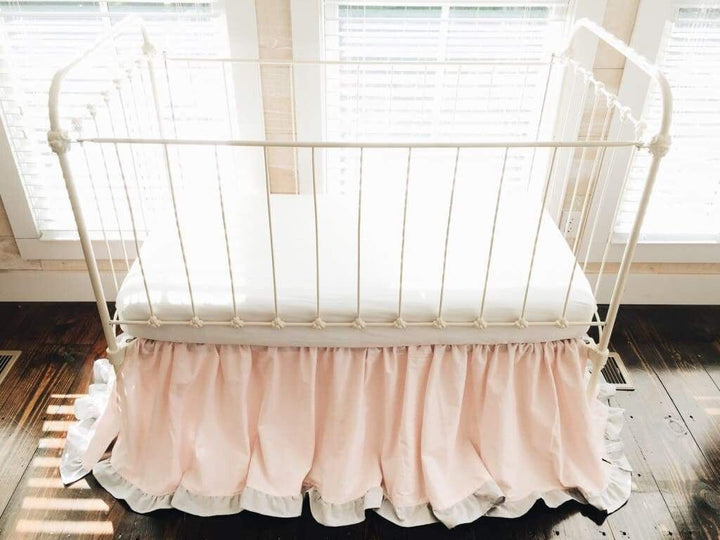 Baby Pink and Zen Grey Ruffled Crib Skirt handmade heirloom nursery - High Cotton Textile