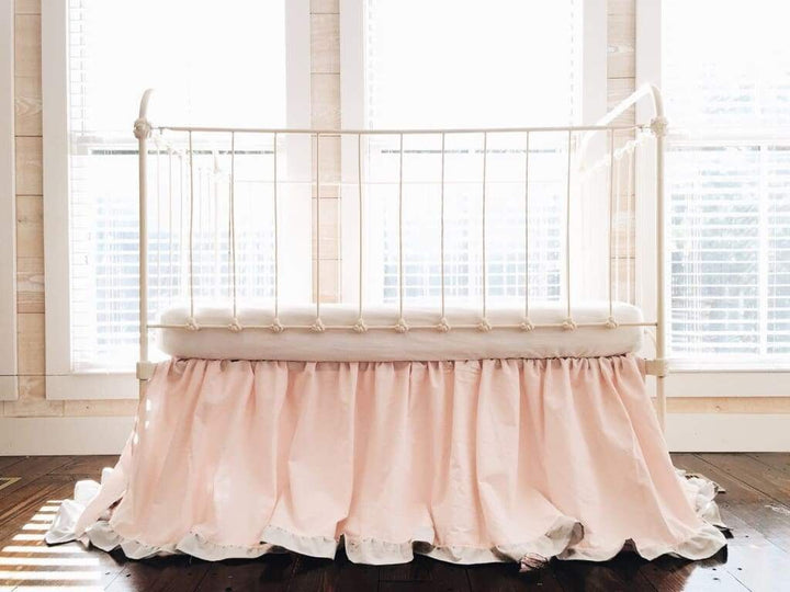 Baby Pink and Zen Grey Ruffled Crib Skirt handmade heirloom nursery - High Cotton Textile
