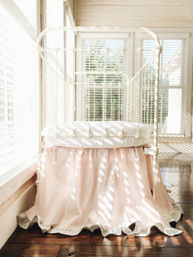 Baby Pink and Zen Grey Ruffled Crib Skirt handmade heirloom nursery - High Cotton Textile
