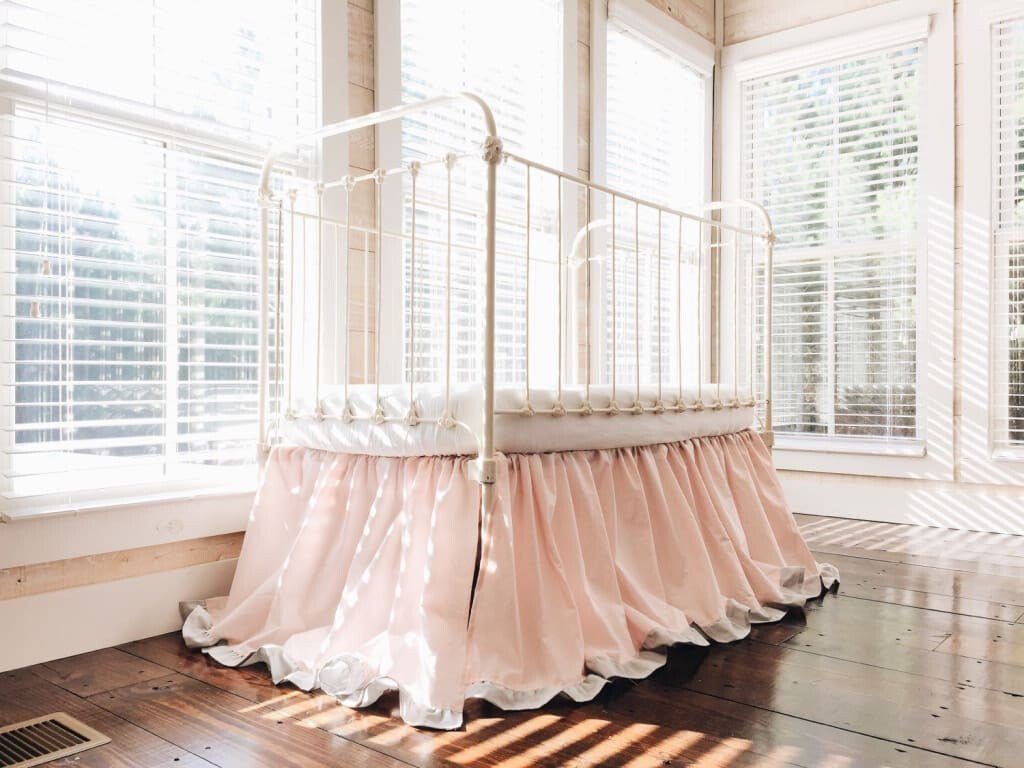 Baby Pink and Zen Grey Ruffled Crib Skirt handmade heirloom nursery - High Cotton Textile