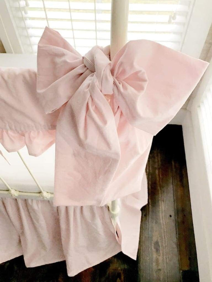 Baby Pink Farmhouse Crib Bedding Set with Rail Cover, Skirt & Bows handmade heirloom nursery - High Cotton Textile