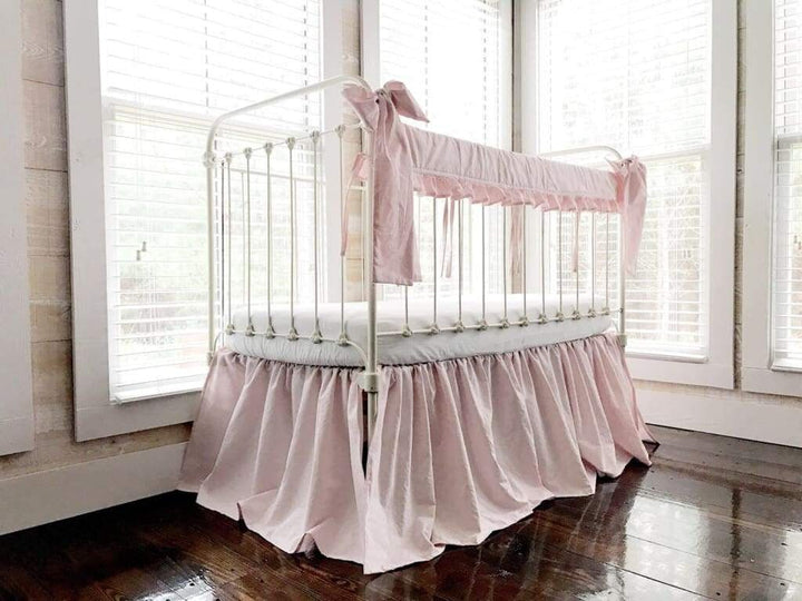 Baby Pink Farmhouse Crib Bedding Set with Rail Cover, Skirt & Bows handmade heirloom nursery - High Cotton Textile