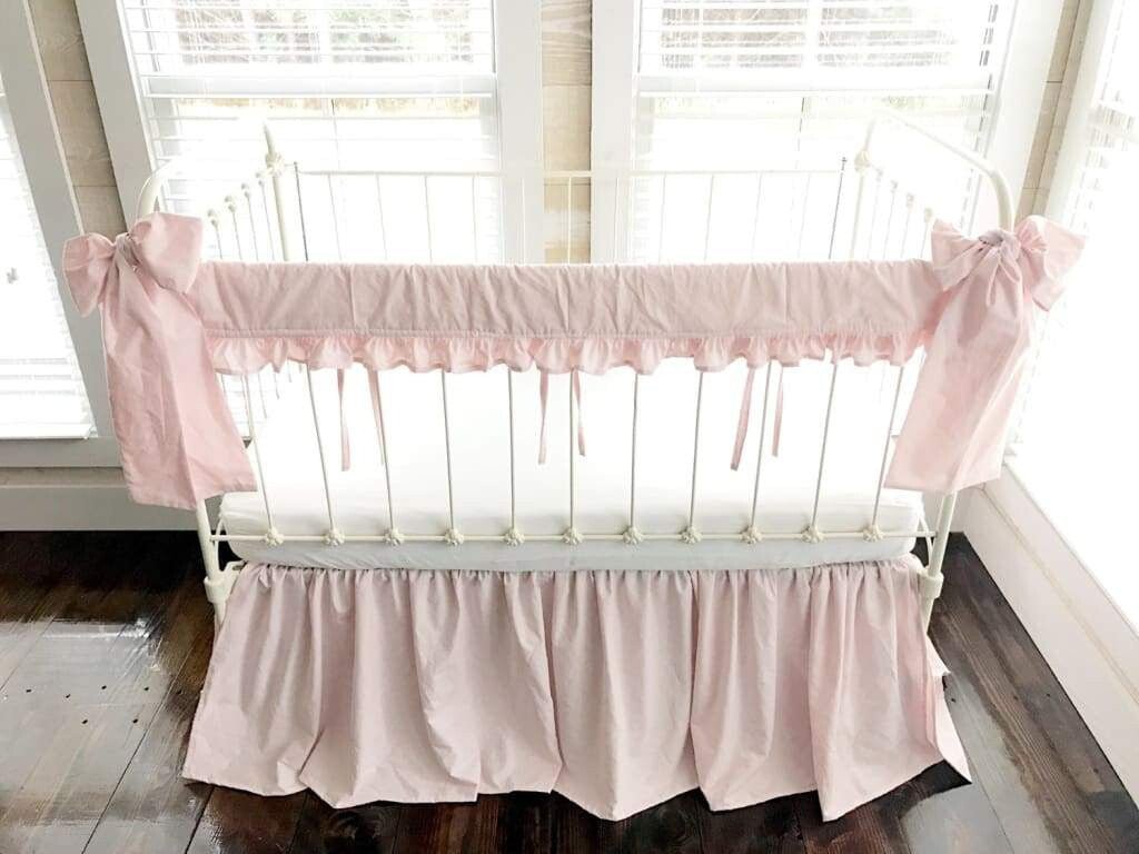 Baby Pink Farmhouse Crib Bedding Set with Rail Cover, Skirt & Bows handmade heirloom nursery - High Cotton Textile