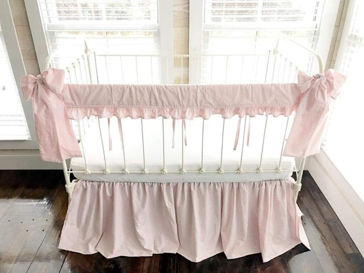 Baby Pink Farmhouse Crib Bedding Set with Rail Cover, Skirt & Bows handmade heirloom nursery - High Cotton Textile