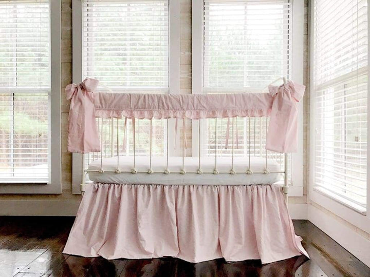 Baby Pink Farmhouse Crib Bedding Set with Rail Cover, Skirt & Bows handmade heirloom nursery - High Cotton Textile