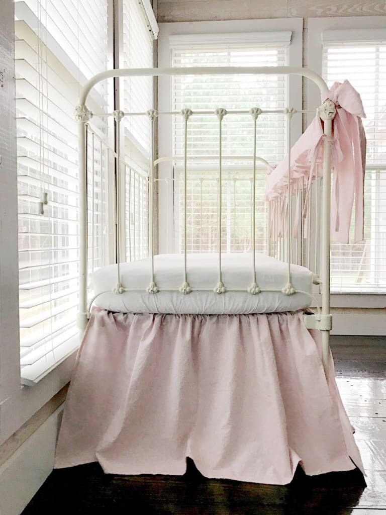 Baby Pink Farmhouse Crib Bedding Set with Rail Cover, Skirt & Bows handmade heirloom nursery - High Cotton Textile