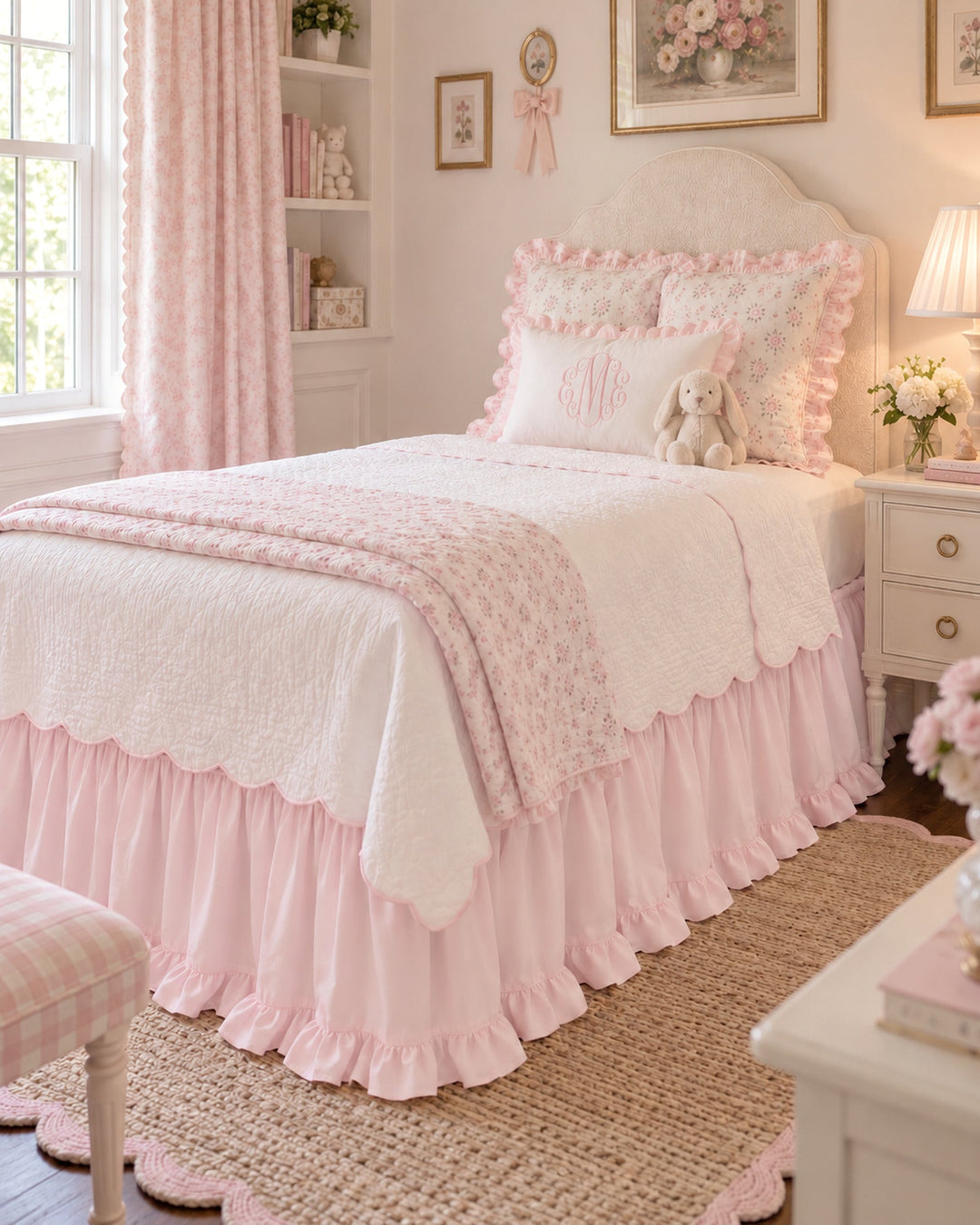 Baby pink ruffled twin bed skirt at the foot of a bed with a white upholstered headboard - High Cotton Textile