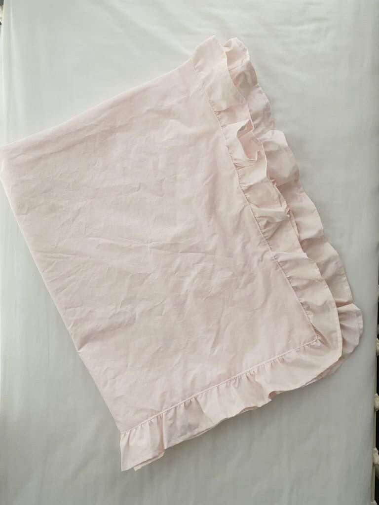 Baby Pink Ruffled Crib Blanket handmade heirloom nursery - High Cotton Textile