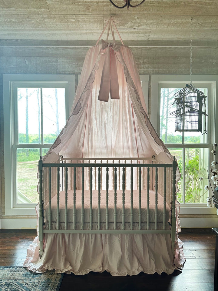 Baby Pink Ruffled Crib Canopy Set handmade heirloom nursery - High Cotton Textile