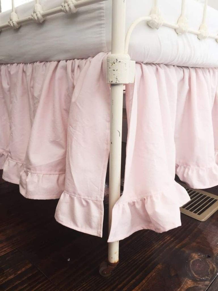 Baby Pink Ruffled Crib Skirt 14" Length handmade heirloom nursery - High Cotton Textile