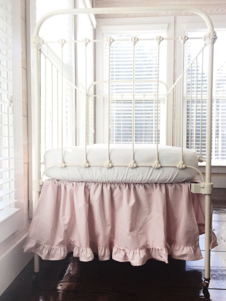 Baby Pink Ruffled Crib Skirt 14" Length handmade heirloom nursery - High Cotton Textile