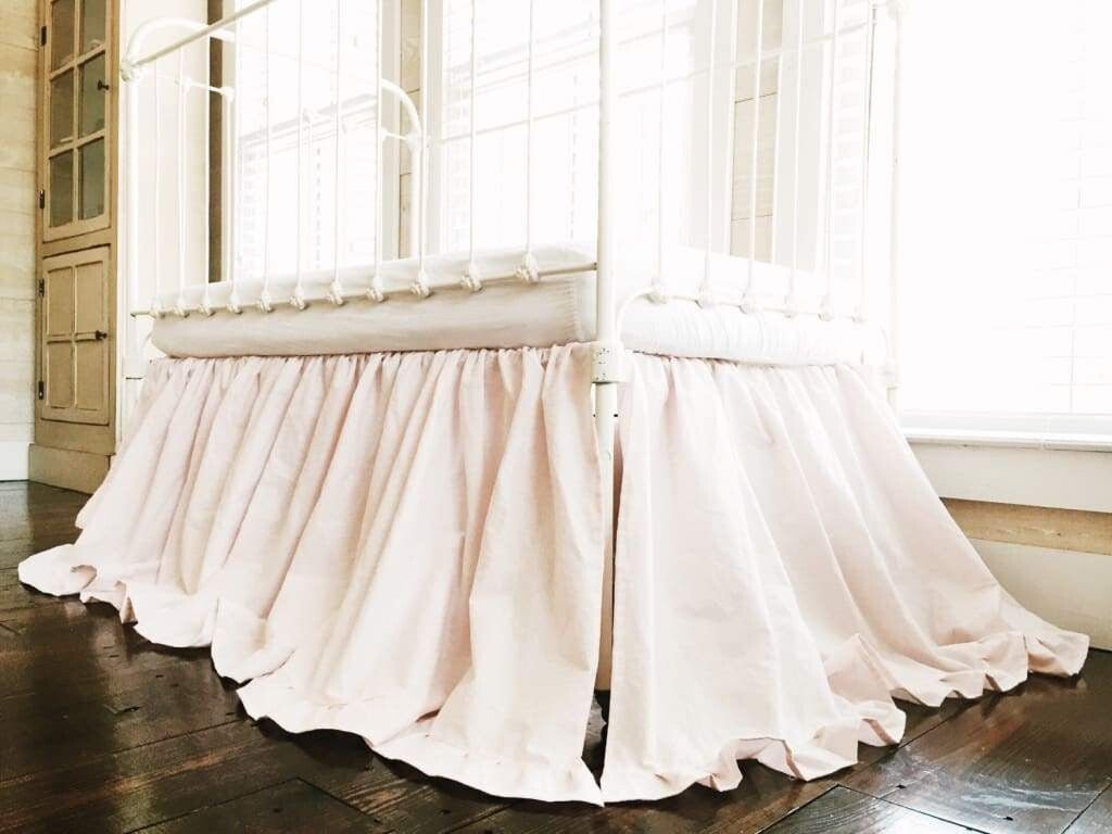 Baby Pink Ruffled Crib Skirt for Girls handmade heirloom nursery - High Cotton Textile
