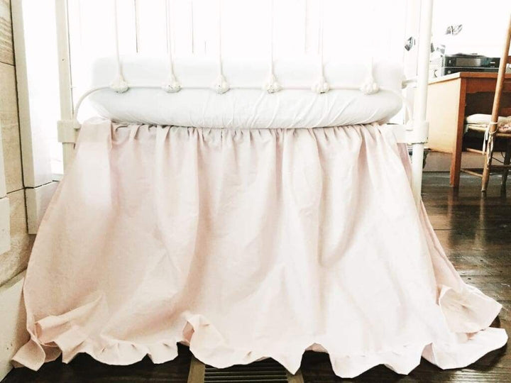 Baby Pink Ruffled Crib Skirt for Girls handmade heirloom nursery - High Cotton Textile