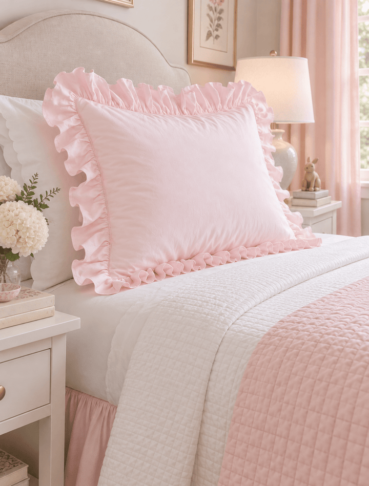 Baby pink ruffled pillow sham layered against white pillows beside a bedside lamp - High Cotton Textile