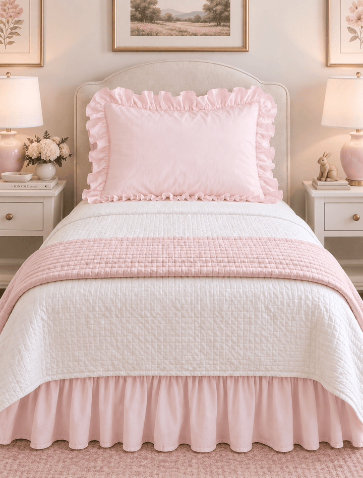 Baby pink ruffled pillow sham on a made twin bed with a pink and white quilted coverlet - High Cotton Textile