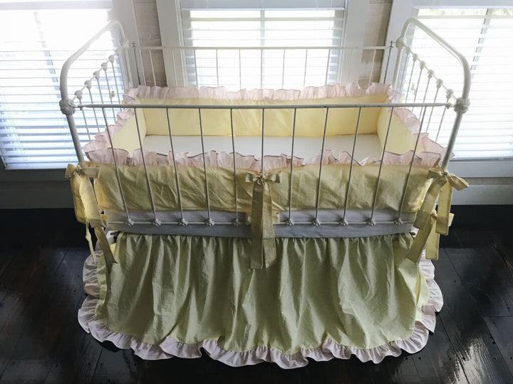 Baby Yellow and Baby Pink Ruffled Crib Bedding Set - High Cotton Textile 