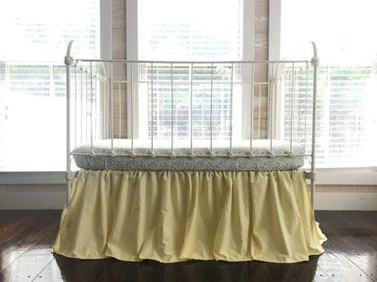 Baby yellow farmhouse crib skirt, gathered on all four sides with a 20-inch drop